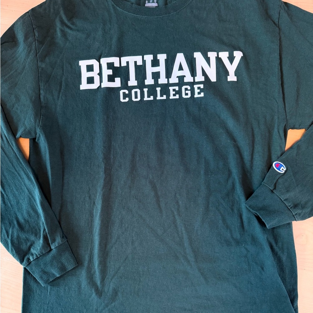 Adult L Champion Bethany College Green long sleeve T‑Shirt with White Lettering - Picture 3 of 6